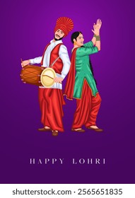 Lohri festival illustration featuring a bonfire, traditional dhol player, and Punjabi woman dancing