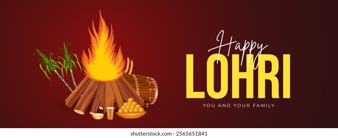 Lohri festival illustration featuring a bonfire, traditional dhol player, and Punjabi woman dancing