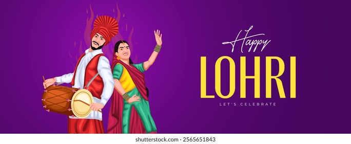 Lohri festival illustration featuring a bonfire, traditional dhol player, and Punjabi woman dancing