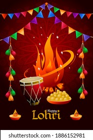 Lohri Festival in Indien. Karte mit Wünschen für einen glücklichen Urlaub. Vektorgrafik.