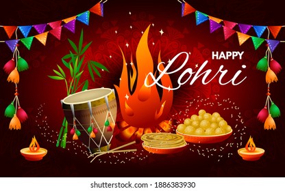 Lohri Festival in Indien. Farbige Illustration mit Wünschen für einen glücklichen Urlaub in Lohri. Vektorbild.