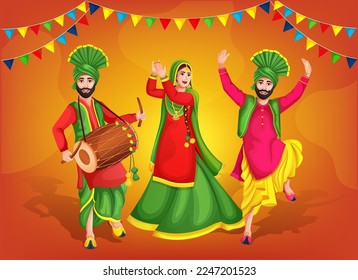 Lohri festival of Punjab India background. Group of people doing Lohri dance. vector illustration design. Bhangra dancers in national cloth representing folk dance. Doing dance step with hand gesture.