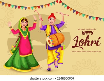 Lohri festival of Punjab India banner. Happy kids dancing at the event. vector illustration design. Bhangra dancers in national cloth represent folk dance. Doing dance steps with hand gesture post