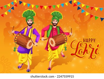 Lohri festival of Punjab India poster. Group of people doing Lohri event. vector illustration design. Bhangra dancers in national cloth representing folk dance. Doing dance step with hand gesture post