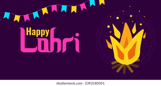Lohri festival Punjabi fiery harvest in India. Bright colored flags bonfire and inscription dark background. Template background poster, flyer. Holiday concept. Vector illustration.