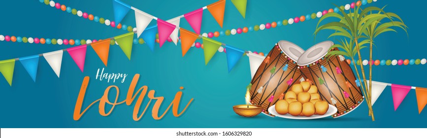 Lohri holiday background, Indian festival. Website header or banner. Realistic vector illustration.
