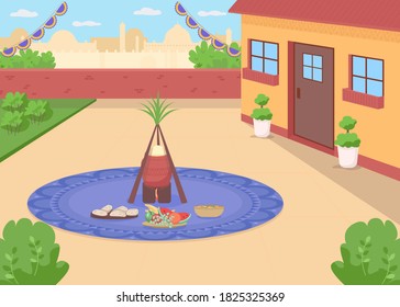 Lohri meal flat color vector illustration. Traditional Hindu holiday celebration. Punjabi food in home backyard. Vaisakhi feast. Indian 2D cartoon landscape with cityscape on background