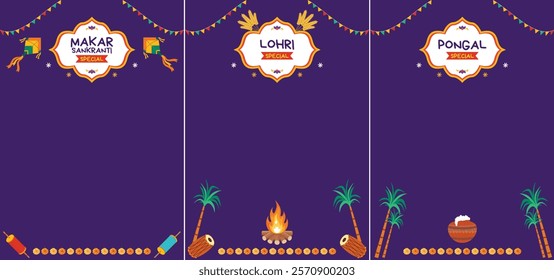 Lohri, Pongal and Makar Sankranti Indian celebration of different states Poster card