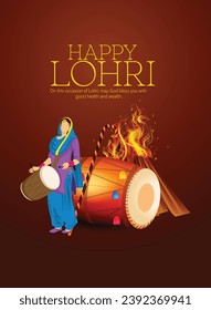 Lohri Punjabi festival of lohri celebration bonfire, with decorated drum and background.