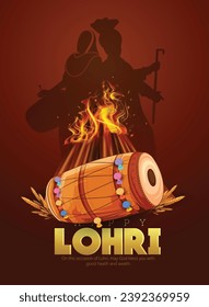 Lohri Punjabi festival of lohri celebration bonfire, with decorated drum and background.