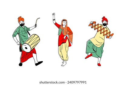 Lohri, Vaisakhi Indian Festival, Panjabi Man with dhol and Woman dancing vector illustration 
