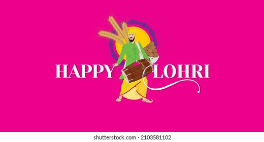 Lohri Wishing Creative Template Design. Conceptual Typography of Happy Lohri. Editable Illustration of Bhangra Playing Young Punjabi Man and Crop.