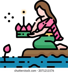 Loi Krathong festival filled outline icon illustration.Thai woman with traditional clothing floating Krathong.Loi Krathong is a Thailand floating decorated basket annual festival respect river spirit