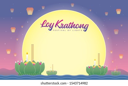 Loi Krathong or Yi Peng festival template or copy space. Floating krathong on river with full moon & sky lanterns in flat vector design.
