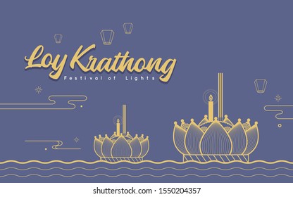 Loi Krathong or Yi Peng festival. Floating krathong on river & sky lanterns in line art style on blue background. Thailand religion flat vector design.