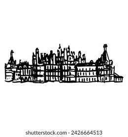 Los castillos del valle del Loira en Francia. Fachada panorámica del castillo medieval francés europeo. Chateau de Chambord. Dibujado a mano dibujado dibujo lineal garabato rugoso. Silueta en blanco y negro.