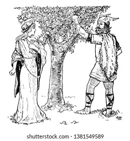 Loki, the god of mischief, trying to convince Idun that a crabapple tree's fruit is better than her golden apples. Loki is doing this to obtain some golden apple for the giant Thiassi, vintage