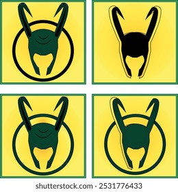 Os capacetes apresentam dois longos chifres curvos e são predominantemente verdes, colocados contra um fundo amarelo brilhante.