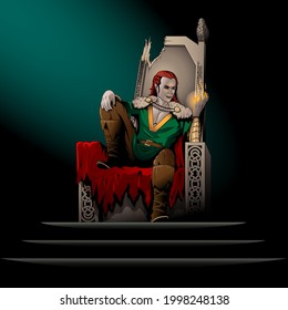 Loki the Norse god of mischief sits on the broken throne