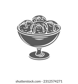 Lokma, ilustración vectorial del icono del glifo de postre turco. Sello de tazón con luqaimat, bolas de masa frita en jarabe de azúcar o miel en taza, dulces de Medio Oriente, refrigerio gourmet tradicional Lokma