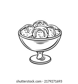 Lokma, Turkish dessert line icon vector illustration. Traditional sweet fried dough balls in sugar syrup or honey with cinnamon and nuts on top, hand drawn delicious lokma dish in cuisine of Turkey