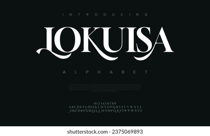 Lokuisa premium luxury elegant alphabet letters and numbers. Elegant wedding typography classic serif font decorative vintage retro. Creative vector illustration