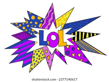 LOL is an acronym derived from the phrase laughing out loud. Playful simplistic pop-art design. The most common slang term. Editable vector illustration in bright colors. Landscape background