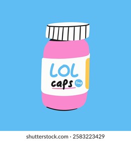 Lol caps. Medical capsule bottle. Pills, drugs, vitamins, pharmacy, pharmaceutics, hospital, health care concept. Hand drawn trendy Vector illustration. Isolated design element. Poster, print template