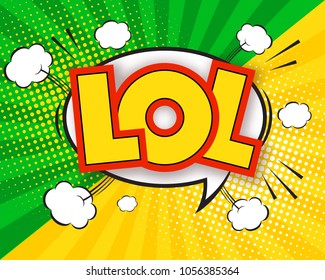 LOL comic pop art speech bubble quote, sunburst colorful background with rays. Cartoon speech bubble with cute graphic design elements.