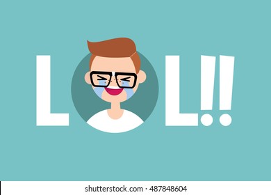 LOL conceptual illustrated sign: laughing out loud nerd / editable vector flat illustration
