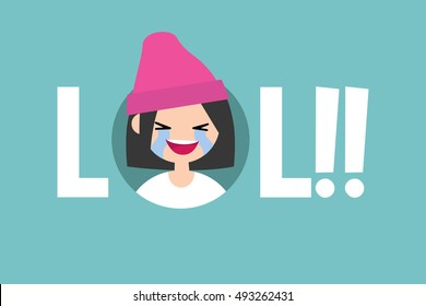 LOL conceptual illustrated sign: laughing out loud teenage girl / editable vector flat illustration