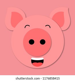 LOL emoji. Pig muzzle close up. Funny and cute pig face in cartoon style. 3d paper art. Vector. Pig icon.