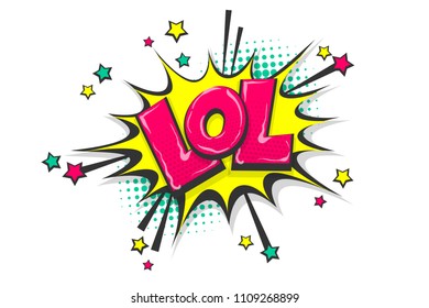 Lol funny, wow comic text speech bubble. Colored pop art style sound effect. Halftone vector illustration banner. Vintage comics book poster. Colored funny cloud font.