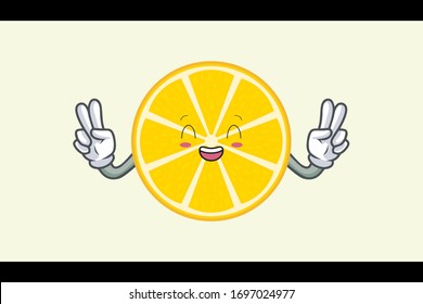 LOL, HAHA, LAUGH Face. Double Peaceful Finger. Mascot Illustration. Slice Lemon Fruit.