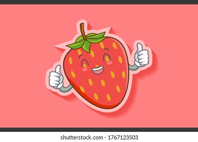 LOL, HAHA, LAUGH, fun Face Emotion. Double Thumb Up Hand Gesture. Red Strawberry Fruit Cartoon Drawing Mascot Illustration.