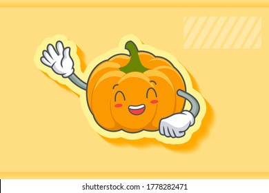 LOL, HAHA, LAUGH, divertido emoción facial. Gesto de mano ondulante. Ilustración de la mascota de dibujos animados de la piel de calabaza amarilla y naranja.
