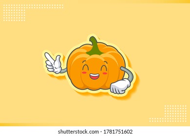 LOL, HAHA, RISA, DIVERTIDA Emoción facial. Gesto de mano de pistola de dedo. Ilustración de la mascota de dibujos animados de la piel de calabaza amarilla y naranja.