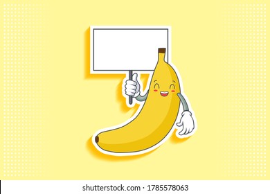 LOL, HAHA, LAUGH, FUN Face Emotion. Holding Whiteboard Handgun Gesture. Banana Fruit Cartoon Drawing Mascot Illustration.