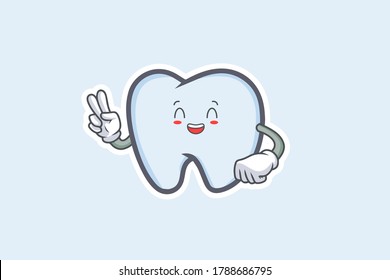 LOL, HAHA, LAUGH, FUN Face Emotion. Peace Hand Gesture. Tooth Cartoon Drawing Mascot Illustration.