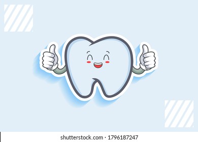 LOL, HAHA, LAUGH, FUN Face Emotion. Double Thumb up Hand Gesture. Tooth Cartoon Drawing Mascot Illustration.