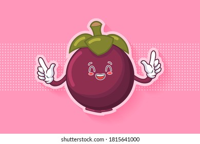 LOL, HAHA, RISA, DIVERTIDA Emoción facial. Gesto de doble arma. Caricatura De Fruta De Mangosteen Dibujando Ilustración De Mascota.
