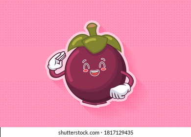 LOL, HAHA, LAUGH, FUN Face Emotion. Salute, Respect Hand Gesture. Mangosteen Fruit Cartoon Drawing Mascot Illustration.