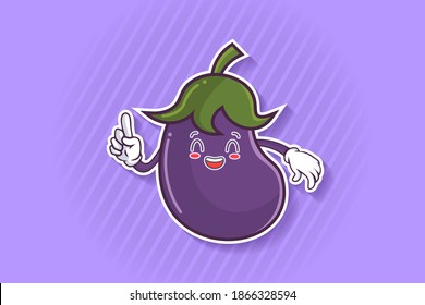 LOL, HAHA, LAUGH, FUN Face Emotion. Forefinger Hand Gesture. Eggplant vegetable Cartoon Drawing Mascot Illustration.
