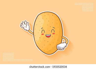 LOL, HAHA, RISA, DIVERTIDA Emoción facial. Gesto de mano ondulante. Caricatura de personaje vegetal de la papa que dibuja ilustraciones de mascota.