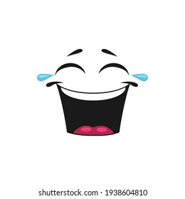 Lol laugh out loud emoticon isolated face with tears. Vector laughing face with broad open mouth and winked eyes of joy. Happy emoji, giggling emoticon in good mood, satisfied avatar expression