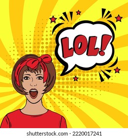 LOL - Ríe Ruidosamente. Explosión de historietas con texto - LOL. Ilustración de dibujos animados brillantes en estilo retro de arte pop. Se puede usar para negocios, marketing y publicidad. pancarta volante pop art comi