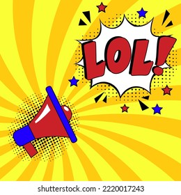 LOL - Ríe Ruidosamente. Explosión de historietas con texto - LOL. Ilustración de dibujos animados brillantes en estilo retro de arte pop. Se puede usar para negocios, marketing y publicidad. pancarta volante pop art comi