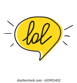 Lol, lettering and hand drawn speech bubble. Flat vector illustration on white background.