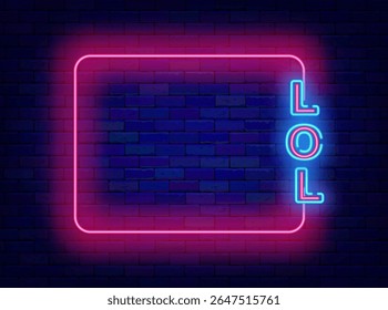 Lol neon flyer. Piada de mensagem online. Sinal legal. Quadro rosa vazio e texto engraçado. Ilustração de estoque vetorial