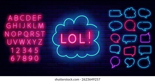Rótulo de neon de Lol. Mensagem online engraçada. Ria e sorria. Publicidade brilhante. Coleção de quadros geométricos. Ilustração de estoque vetorial
